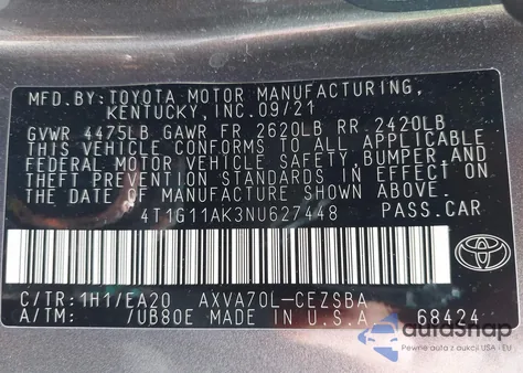 2022 Toyota Camry Se from USA, damaged, VIN 4T1G11AK3NU627448